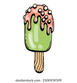 Ice cream flat. Sweets summer food. Hand drawn line art.
