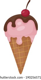 Ice cream flat vector illustration in cartoon style. Pink ball of melting ice cream in a waffle cone. Dark chocolate and ripe cherry on top. A favorite tasty dessert.
