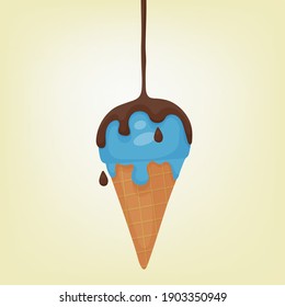 Ice cream with flat vector illustration in cartoon style. A ball of blue melting ice cream in a waffle cone. Chocolate syrup poured on top. Favorite tasty sweet dessert.