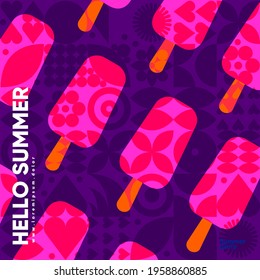 Ice cream Flat vector illustration. Summer time, background patterns on the theme of summer, vacation, weekend, beach. Perfect background for posters, cover art, flyer, banner.