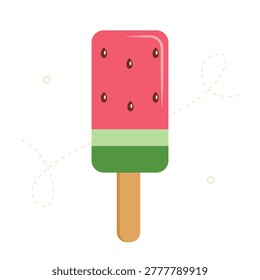 Ice cream. Flat vector illustration of a refreshing watermelon popsicle on a stick. Minimalist summer dessert design with seeds and green rind colors isolated on white background