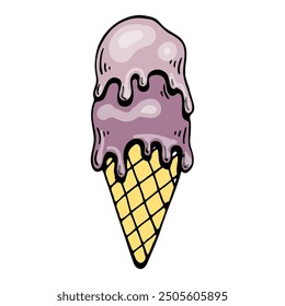 Helado plano. Cono de waffle. Dulces comida de verano. Dibujado a mano arte de línea.