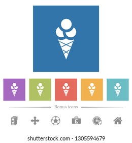 Ice cream flat white icons in square backgrounds. 6 bonus icons included.