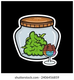 Ice Cream Flavor With Cartoon Mascot of Weed Bud On Jar. For Sticker and label. Vector and Illustration.