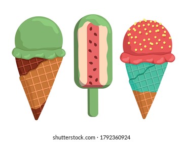 Ice cream flavor of pistachios, apples, watermelon, strawberries. Chocolate glasses. Dessert on a stick.