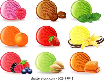 ice cream flavor with raspberry, coffee, mint, vanilla, strawberry, apricot, pistachio, caramel