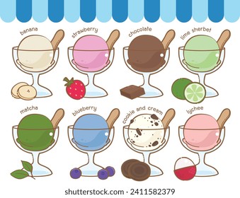 ice cream flavors, banana, strawberry, lime sherbet, matcha, green tea, blueberry, cookie and cream, lychee, flavors