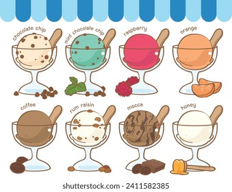 ice cream flavors, chocolate chip, mint chocolate chip, raspberry, orange, coffee, rum raisin, honey, flavors