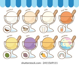 ice cream flavors, coconut, vanilla, milk, thai tea, durian, taro, mango, rainbow, flavors