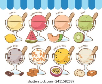 ice cream flavors, lemon, watermelon, melon, kiwi, black bean, caramel, passion fruit, banoffee, flavors