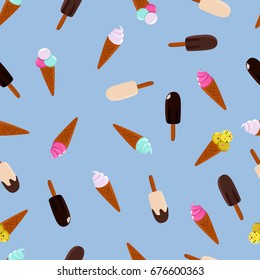 Ice cream flavors seamless pattern. Tasty sundae and gelato seamless background.