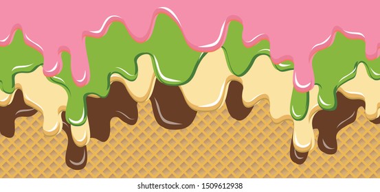 Ice cream flavors waffle Ice cream waffle wafer drops background with sauce Vector icon icons sign signs fun funny Sweet ice cream Waffle cup Icecream scoop vacation dessert foot Strawberry jelly jam