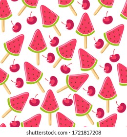 Ice cream with flavour of cherry or watermelon seamless pattern. Yummy frozen dessert in with different summer tastes, restaurant or shop menu. Gelato for dessert in summer, vector in flat style