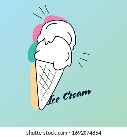 Eiscreme schwimmende Bälle in einem Waffelkegel. Vektorsymbole. Comic-Illustration im Cartoon-Stil für T-Shirt-Design.