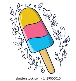 Ice cream with floral elements. Vector floral illustration.