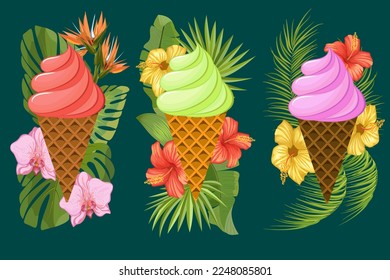 Ice cream in flower arrangements.Set of vector compositions with tropical flowers and ice cream.