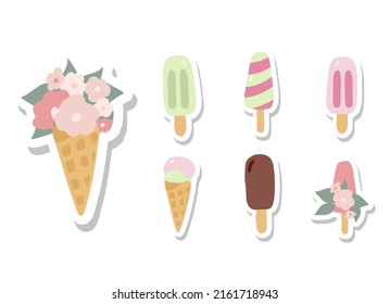 Ice cream with flowers. Cartoon ice cream stickers with popsicle and waffle coin. Summer vibes design elenemts for stickers, posters, wall art, t shirt.