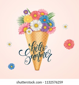 Ice cream with flowers. Hello summer lettering. Vector illustration EPS10.