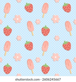 Ice cream, flowers, strawberries on blue background, polka dots, fabric pattern, wrapping paper, seamless pattern