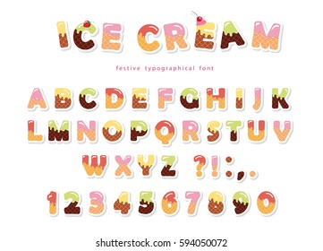 Ice cream font. Cute wafer letters and numbers can be used for birthday card, baby shower, Valentines day, sweets shop, girls magazine, collages. Isolated.