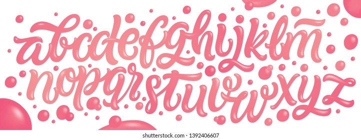 Ice cream font isolated in white background. Pink glossy letters. Popsicle font. Cold sweets ABC. Food typography. Dessert lettering. Frozen type. Vector illustrations for packaging design.