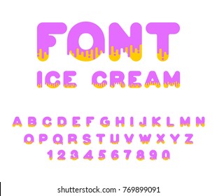 Ice cream font. sweetness alphabet. Liquid lettering. Sweet viscous ABC sign. Dessert vector illustration