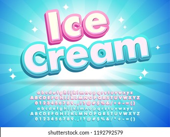 Ice cream font text design, for logo title headline, menu poster banner flyer, clean blue background with little stars