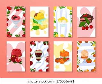 Ice cream food and cake poster, retro dessert vector illustration. Vintage snack shop card, sweet fresh menu banner. Chocolate berry decoration, delicious frozen and baked dessert.