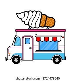 Ice Cream Food Truck With Big Sundae Signs On Roof Top Flat Design Cartoon Vector