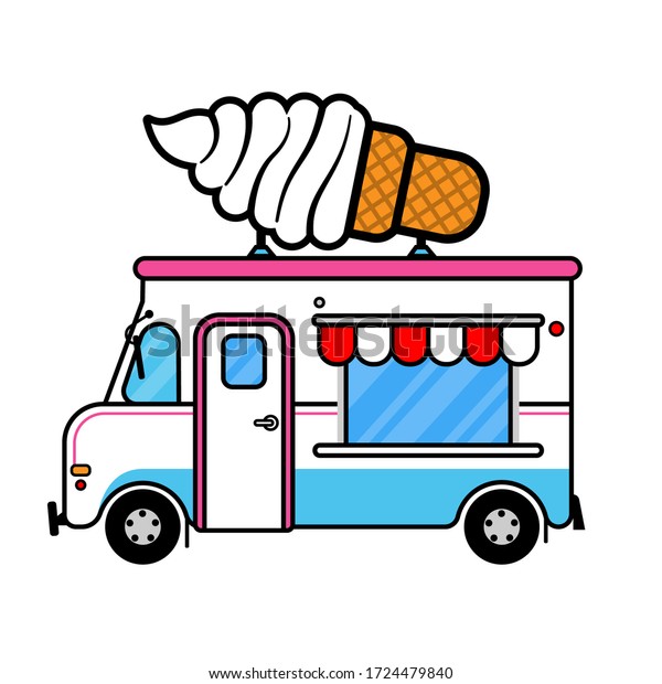 Ice Cream Food Truck with Big Sundae signs
on roof top Flat Design Cartoon
Vector