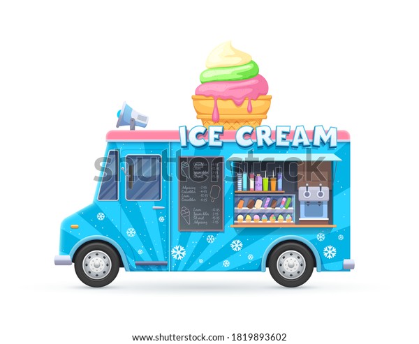 Ice cream food truck, isolated vector van,\
cartoon car for street food icecream desserts selling. Automobile\
cafe or restaurant on wheels with ice cream assortment, loudspeaker\
on rood and chalkboard