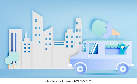 Ice cream food truck in paper art digital craft style and pastel color scheme with city background vector illustration