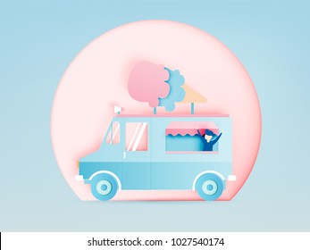 Ice cream food truck in paper art digital craft style and pastel color scheme vector illustration