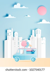 Ice cream food truck in paper art digital craft style and pastel color scheme with city background vector illustration