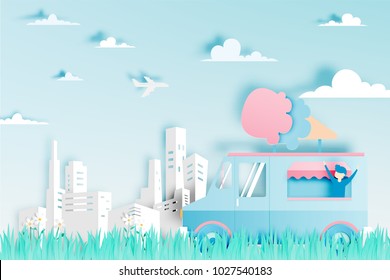 Ice cream food truck in paper art digital craft style and pastel color scheme with city background vector illustration