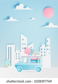 Ice Cream Food Truck In Paper Art Digital Craft Style And Pastel Color Scheme With City Background Vector Illustration