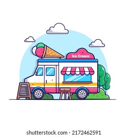 ice cream food truck park sweet snack dissert illustration cartoon vector icon