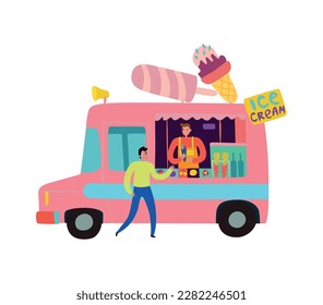 Ice cream food truck with vendor and customer flat vector illustration