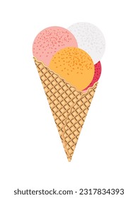 Ice cream in the form of balls with different colors and flavors in a crispy wafer cone isolated on a white background. Summer cold sweet dessert print. Vector.