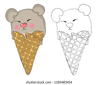 Ice cream in the form of a bear cub. Waffle cone. Vector illustration. Children's coloring pages