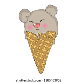 Ice cream in the form of a bear cub. Waffle cone. Vector illustration.