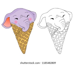 Ice cream in the form of an elephant. Waffle cone. Vector illustration. Children's coloring.