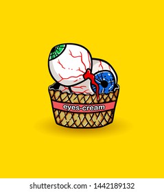 Ice cream in the form of a human eyeball.  Vector illustration of a horror style.