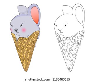 Ice cream in the form of a rabbit. Waffle cone. Vector illustration. Children's coloring.