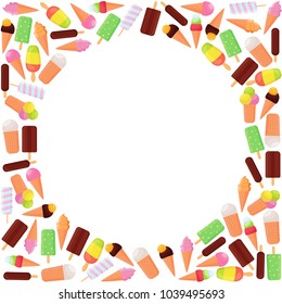 Ice cream frame background. Dairy product from cream or milk, sugar. Different flavours sweet tasty treat for kids decor, flat style cartoon. Vector illustration isolated on white background.