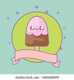 ice cream in frame circular with ribbon kawaii style