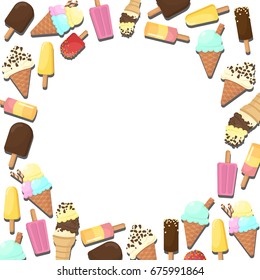 Ice cream frame. Colorful, summer. Delicious sweet desserts.  Vector illustration