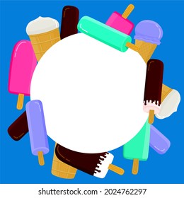 Marco de helado con un espacio vacío para texto sobre fondo azul. Se utiliza para postales, fondos, aplicaciones en tela o productos de recuerdo.
