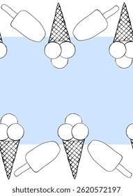 Ice cream frame seamless horizontal border template for text. Vector graphic line ink illustration. Tasty bright ice cream stick and cones for package design, promotion flyer
