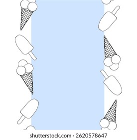 Ice cream frame seamless vertical border template for text. Vector graphic line ink illustration. Tasty bright ice cream stick and cones for package design, promotion flyer
